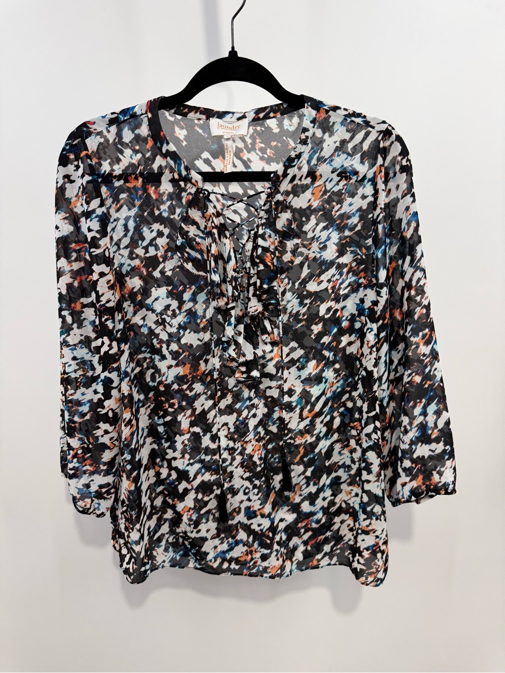 Laundry by Shelli Segal Sheer Abstract Ruffle Tie V-Neck Blouse Womens size 10